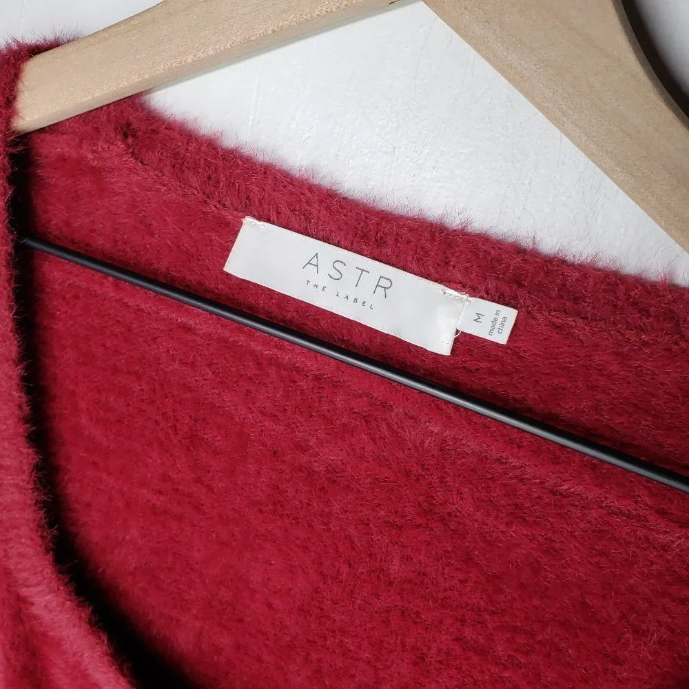 ASTR The Label Fuzzy Cropped Sweater Square Neckline M Wine Maroon Puff Shoulder
